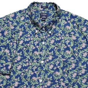 J Crew Summer Floral Button Down Shirt Mens L Slim Fit Short Sleeve Blue Green